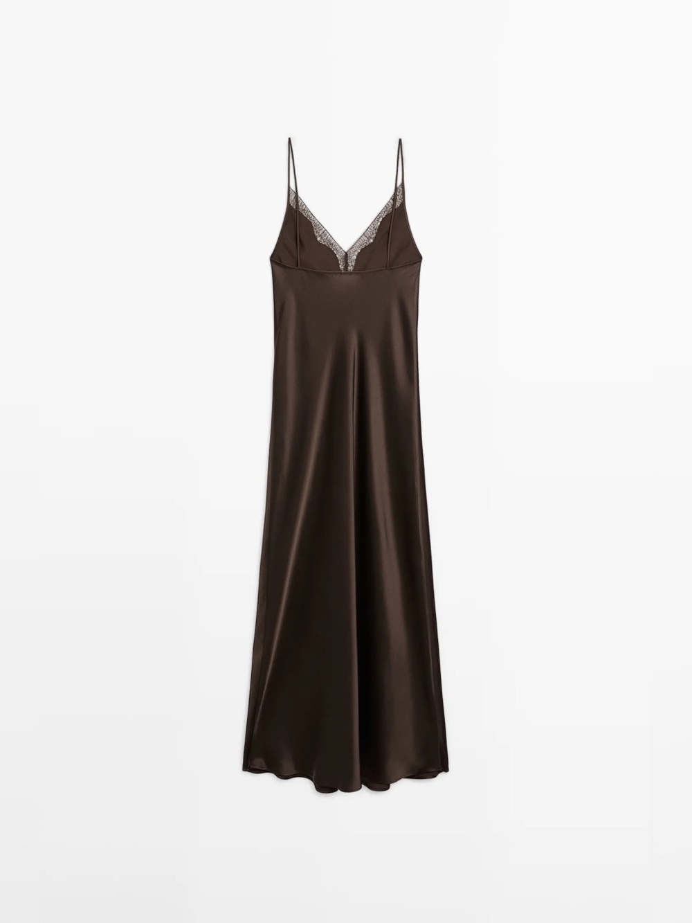 Massimo Dutti Satin Lace-Trim Slip Dress in Dark Brown - Picture 5 of 9